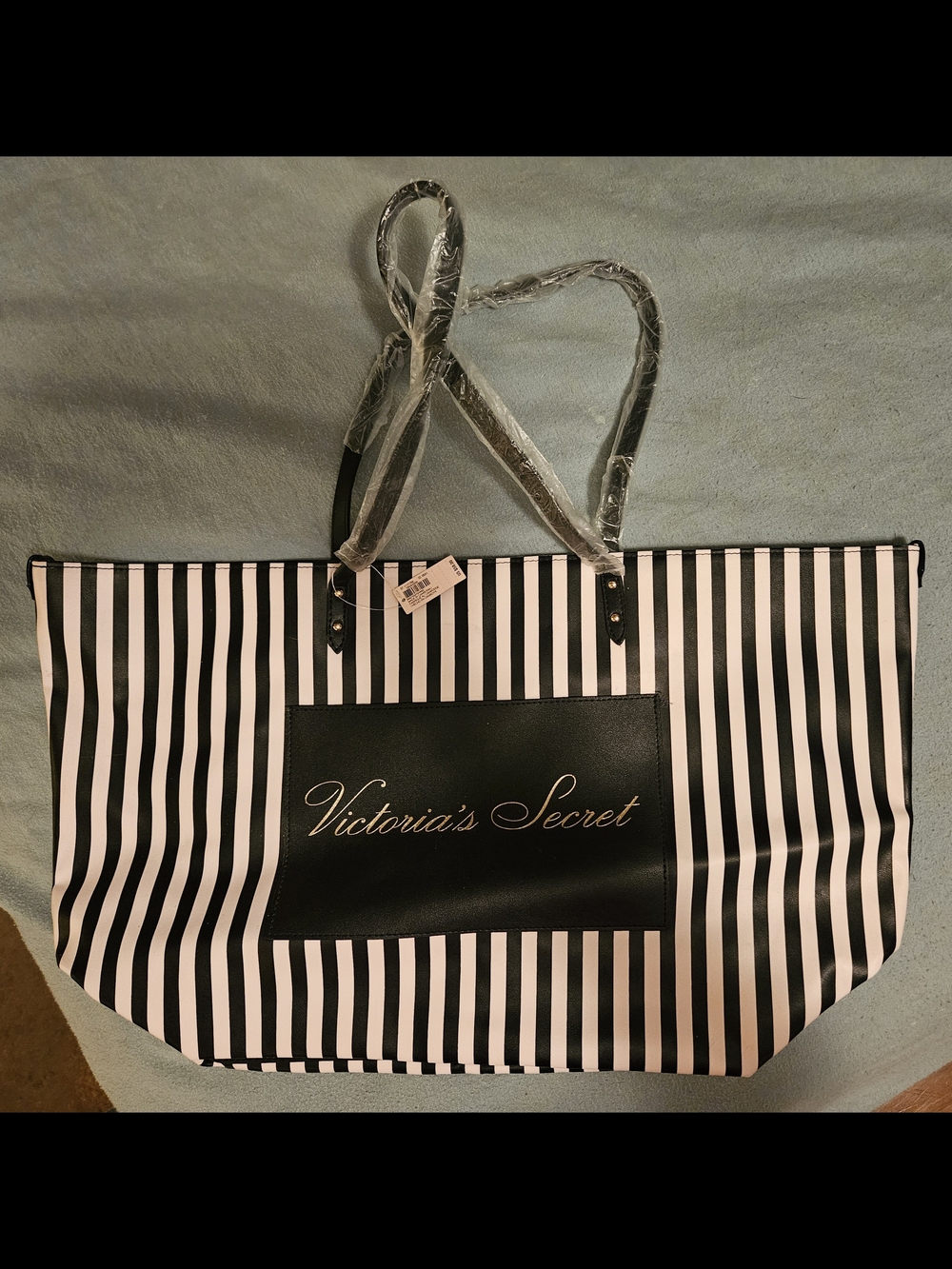 Victoria's Secret Black and White Striped Logo Tote